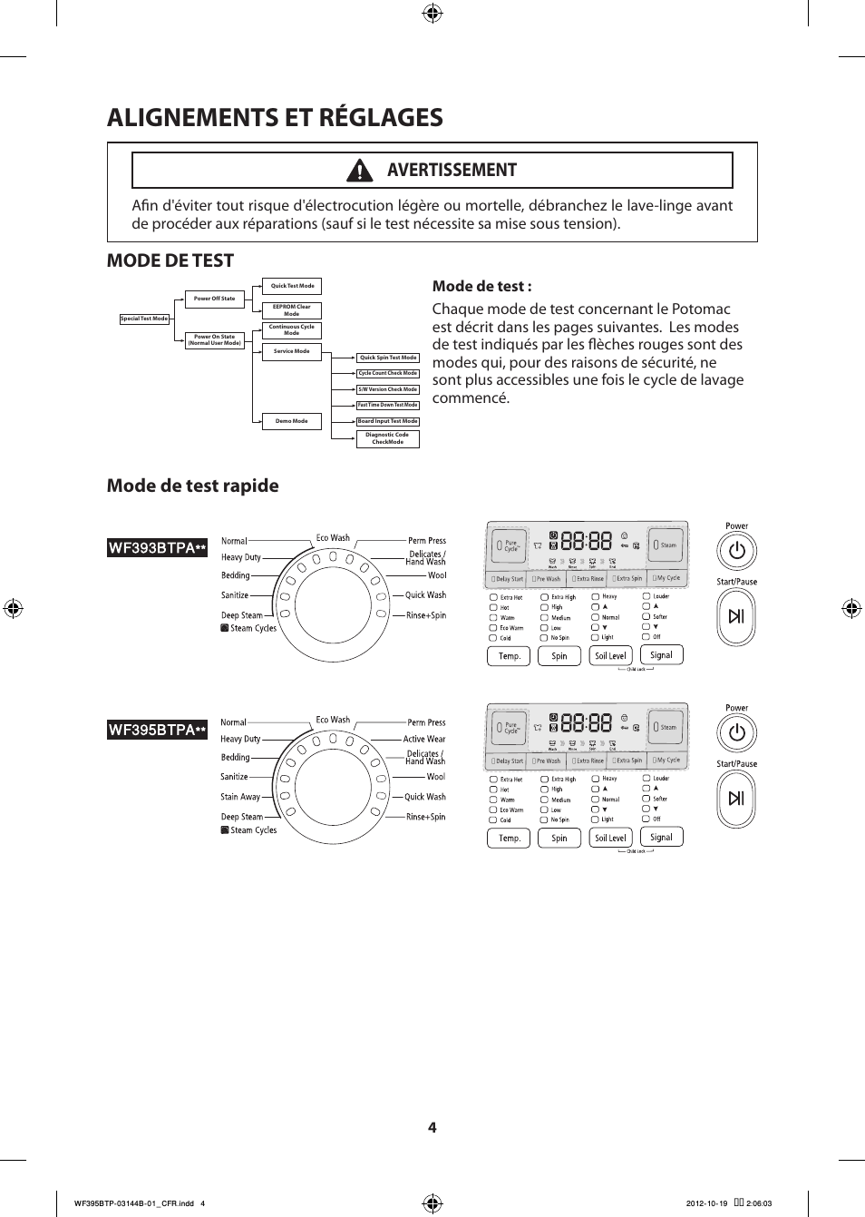 Alignements et réglages, Mode de test, Mode de test rapide | Avertissement | Samsung WF395BTPARA-A2 User Manual | Page 28 / 72