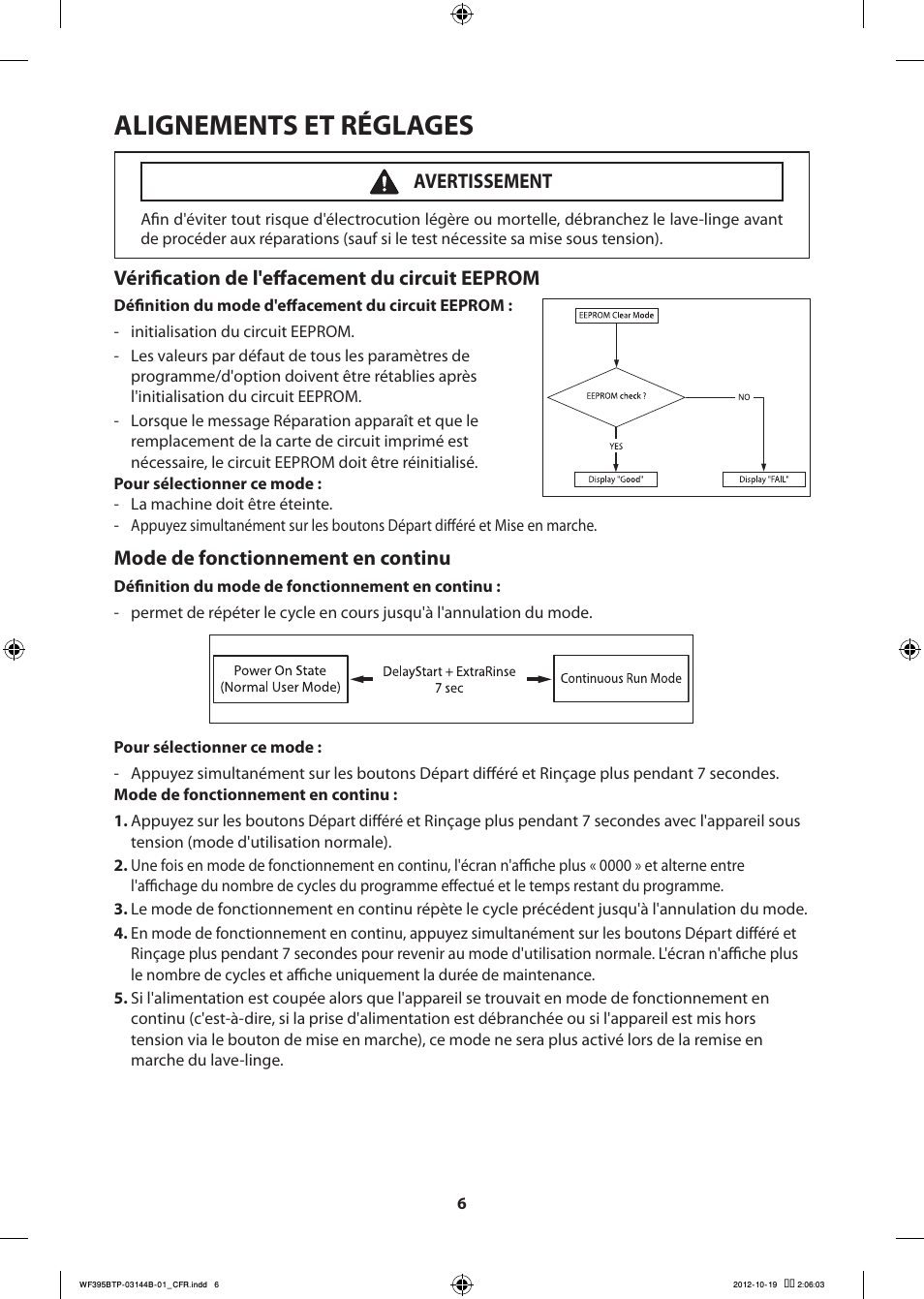 Alignements et réglages, Vérification de l'effacement du circuit eeprom, Mode de fonctionnement en continu | Avertissement | Samsung WF395BTPARA-A2 User Manual | Page 30 / 72