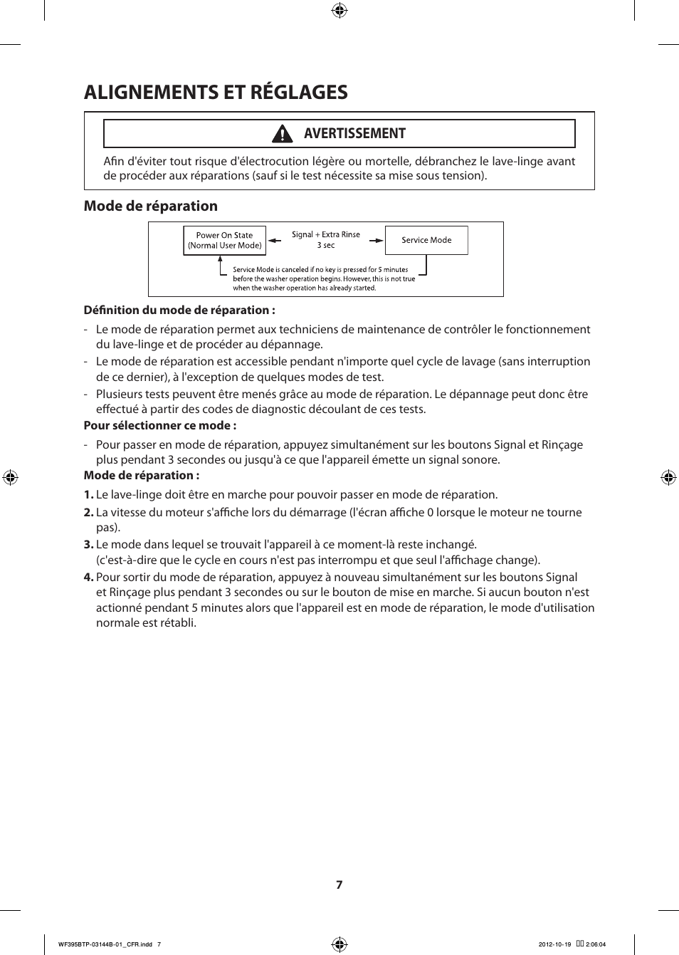 Alignements et réglages, Mode de réparation, Avertissement | Samsung WF395BTPARA-A2 User Manual | Page 31 / 72