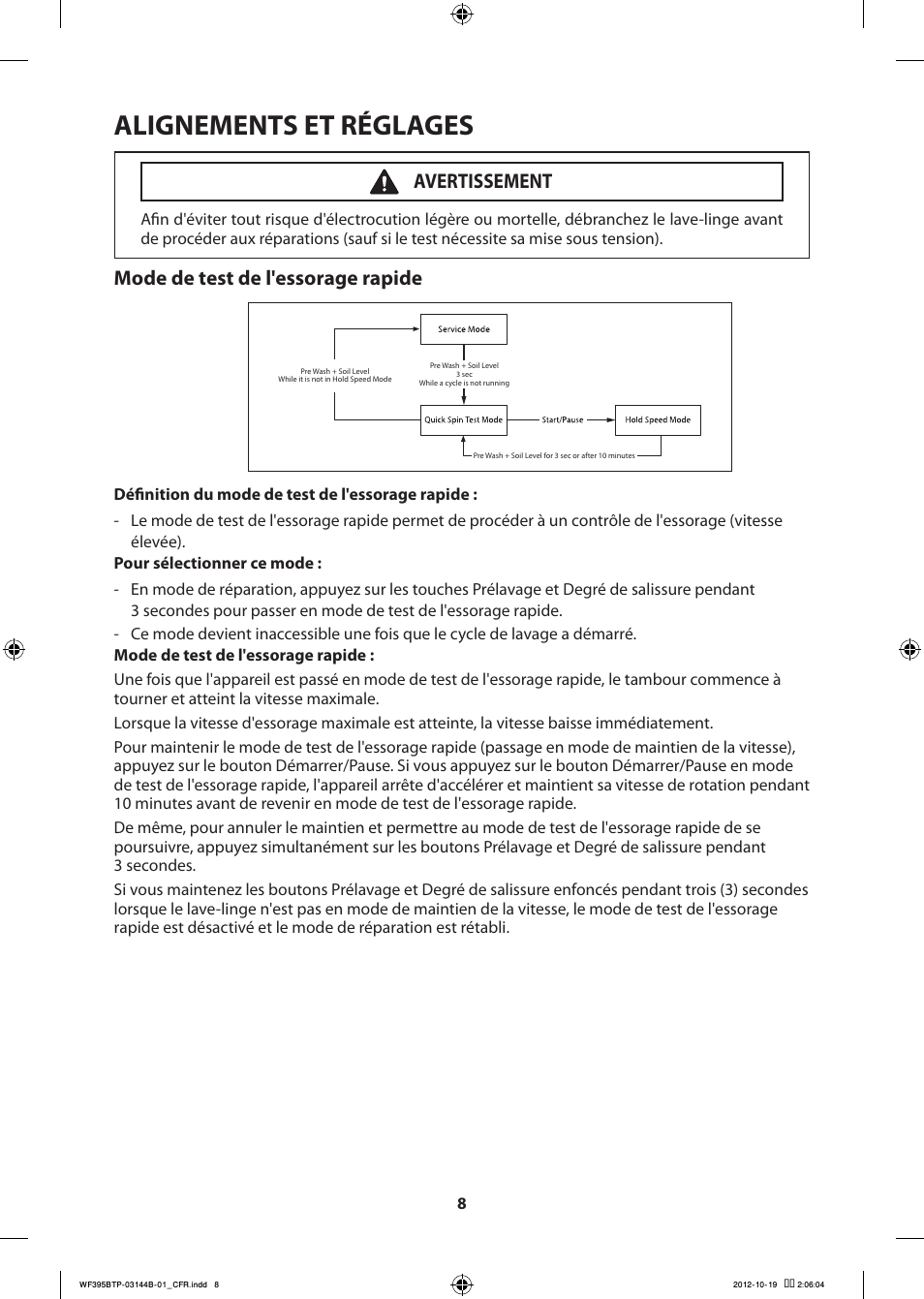 Alignements et réglages, Mode de test de l'essorage rapide, Avertissement | Samsung WF395BTPARA-A2 User Manual | Page 32 / 72