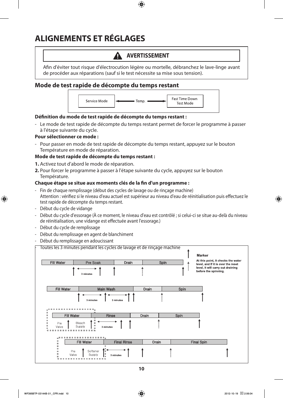 Alignements et réglages, Mode de test rapide de décompte du temps restant, Avertissement | Samsung WF395BTPARA-A2 User Manual | Page 34 / 72