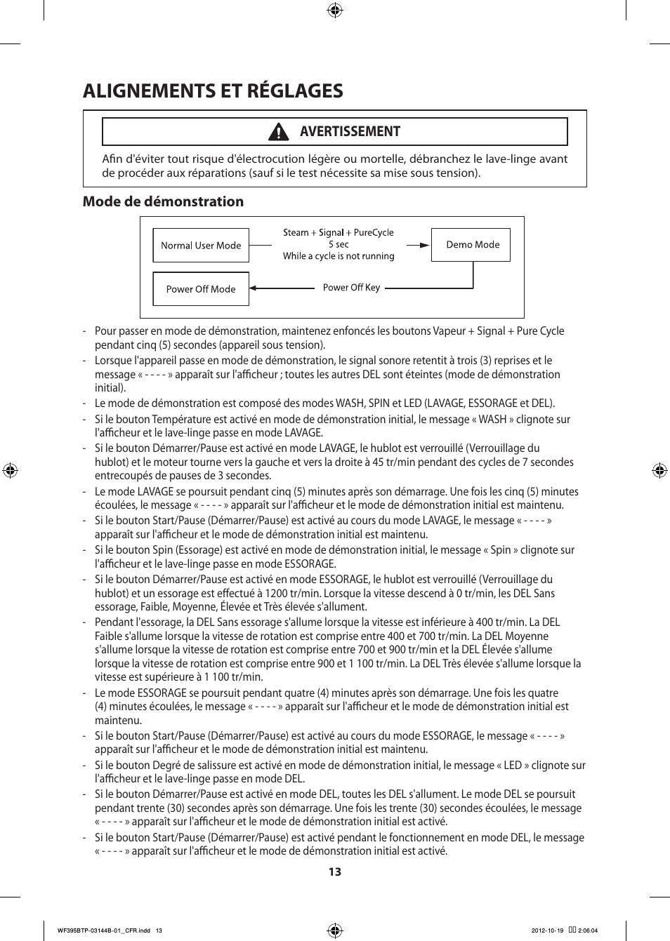 Alignements et réglages, Mode de démonstration, Avertissement | Samsung WF395BTPARA-A2 User Manual | Page 37 / 72