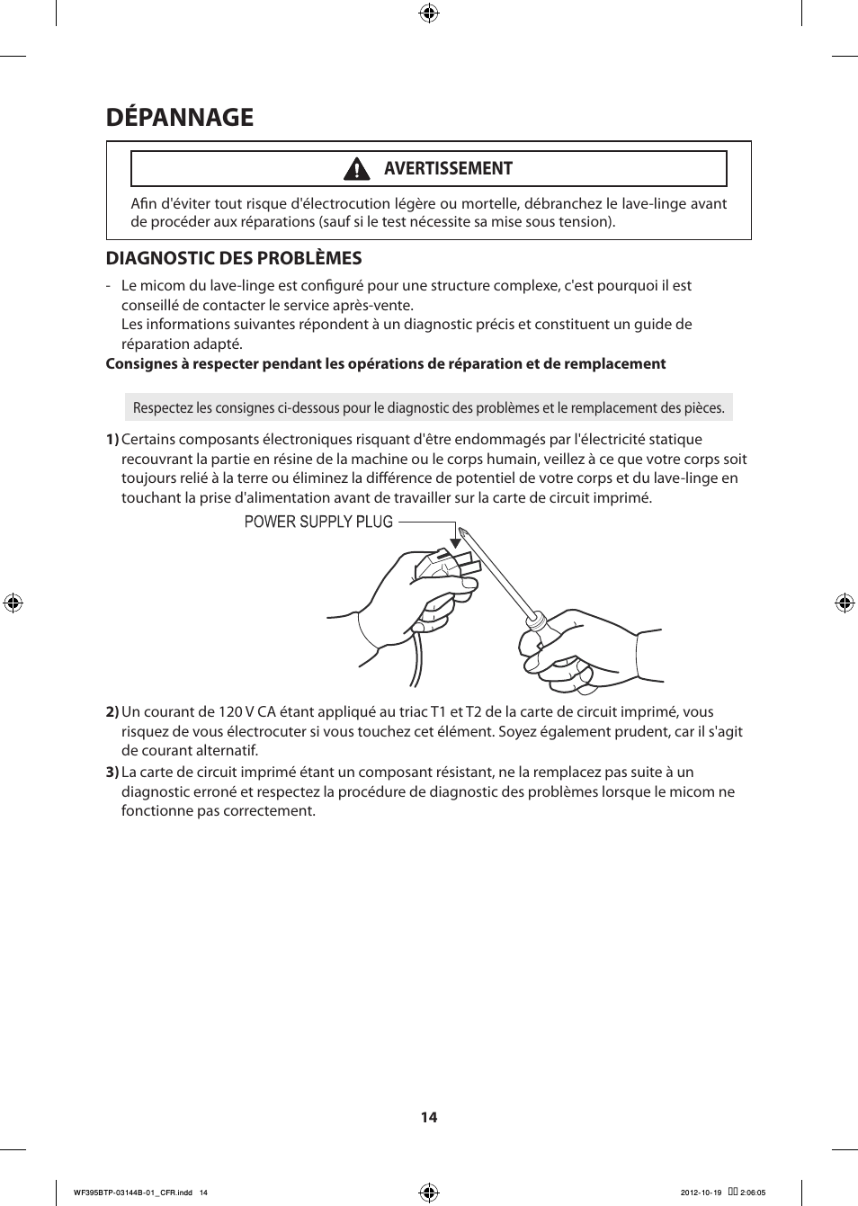 Dépannage, Diagnostic des problèmes, Avertissement | Samsung WF395BTPARA-A2 User Manual | Page 38 / 72
