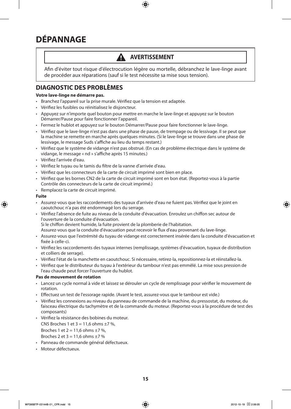 Dépannage, Diagnostic des problèmes, Avertissement | Samsung WF395BTPARA-A2 User Manual | Page 39 / 72