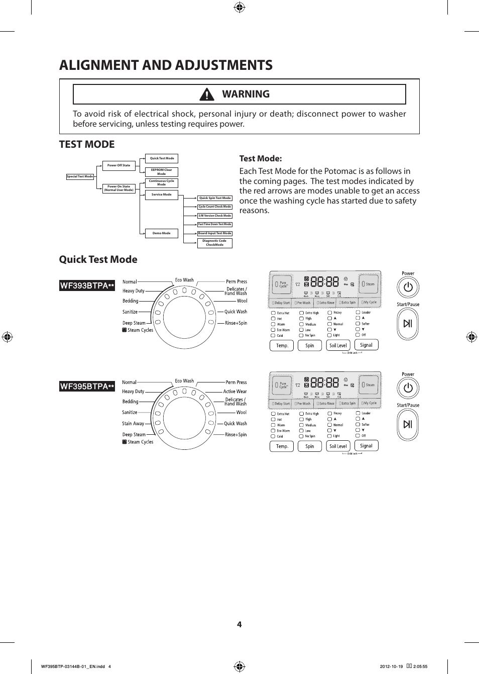 Alignment and adjustments, Test mode, Quick test mode | Warning | Samsung WF395BTPARA-A2 User Manual | Page 4 / 72