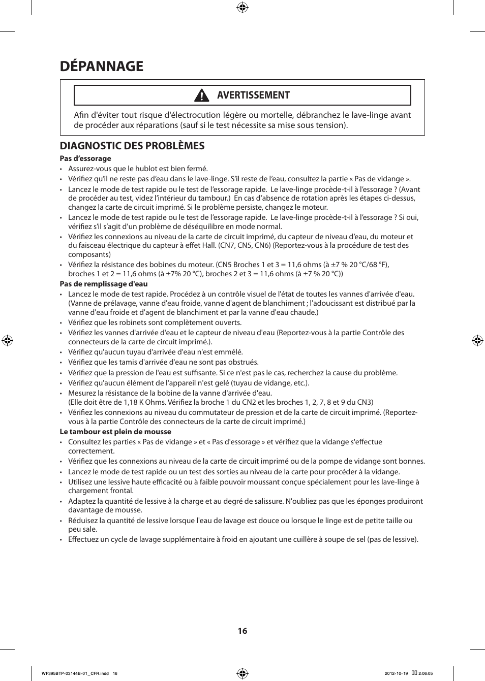 Dépannage, Diagnostic des problèmes, Avertissement | Samsung WF395BTPARA-A2 User Manual | Page 40 / 72