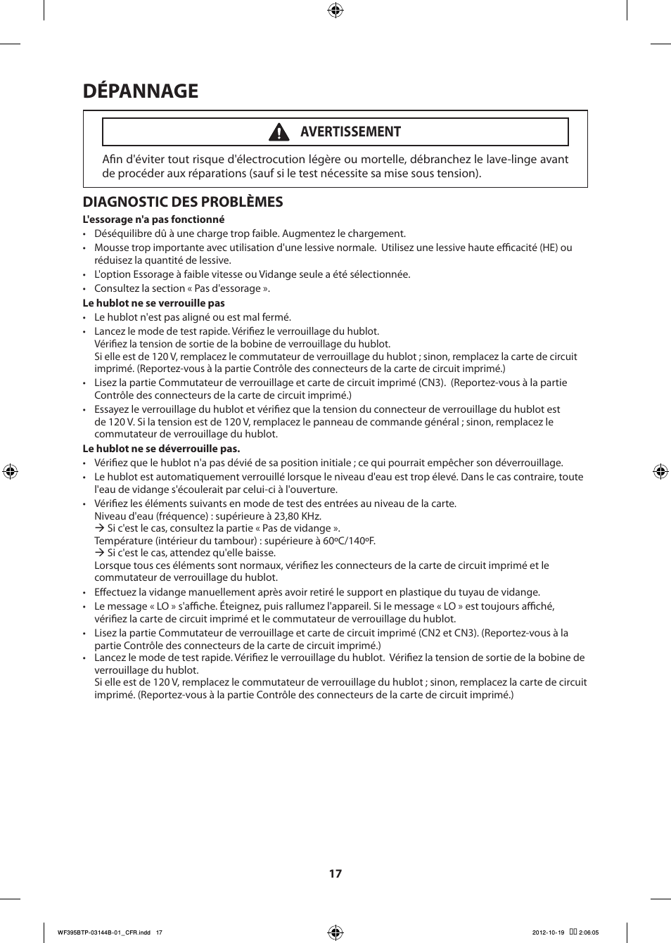 Dépannage, Diagnostic des problèmes, Avertissement | Samsung WF395BTPARA-A2 User Manual | Page 41 / 72
