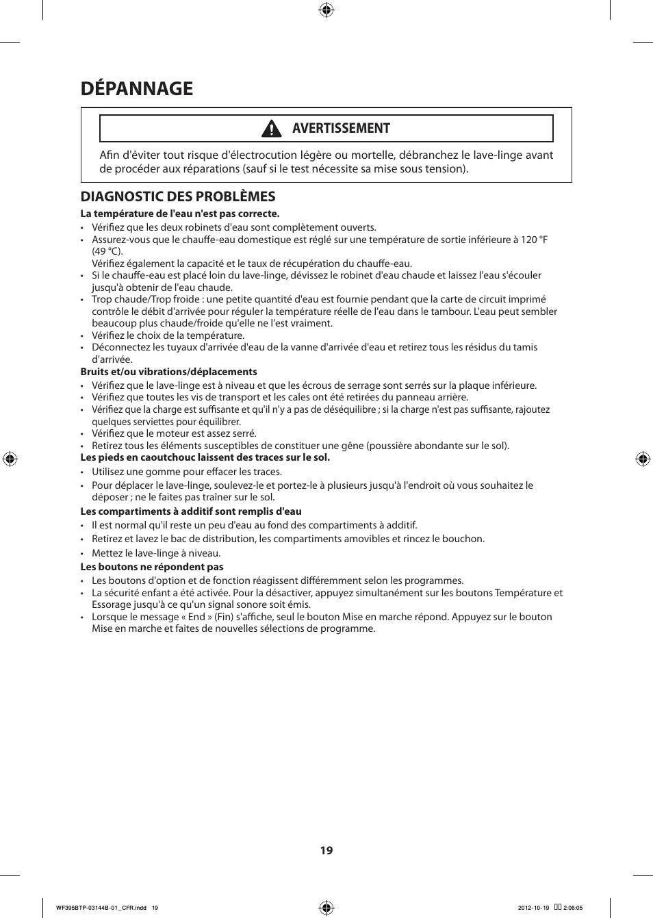 Dépannage, Diagnostic des problèmes, Avertissement | Samsung WF395BTPARA-A2 User Manual | Page 43 / 72