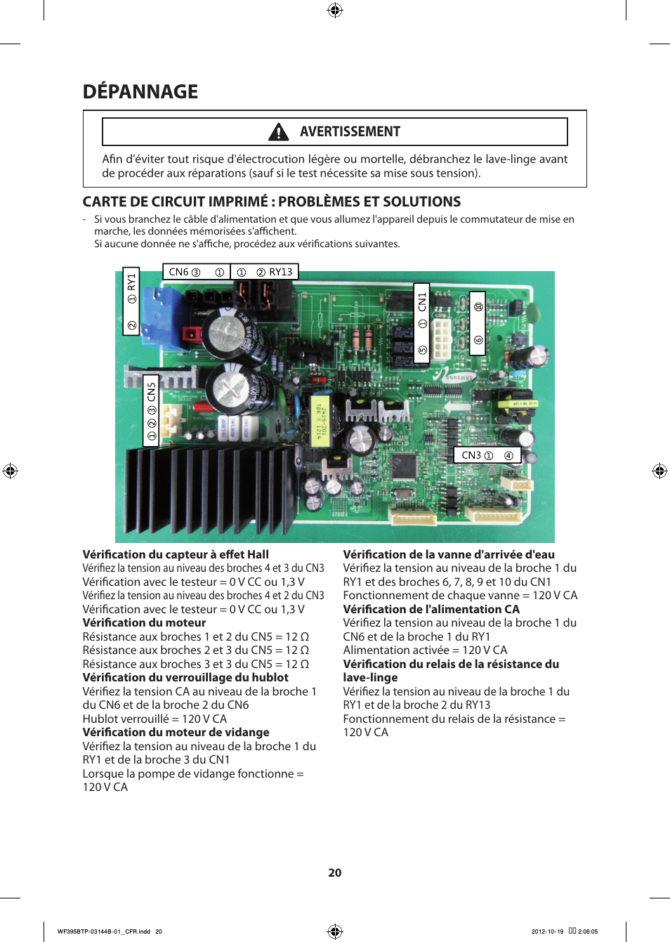 Dépannage, Carte de circuit imprimé : problèmes et solutions, Avertissement | Samsung WF395BTPARA-A2 User Manual | Page 44 / 72