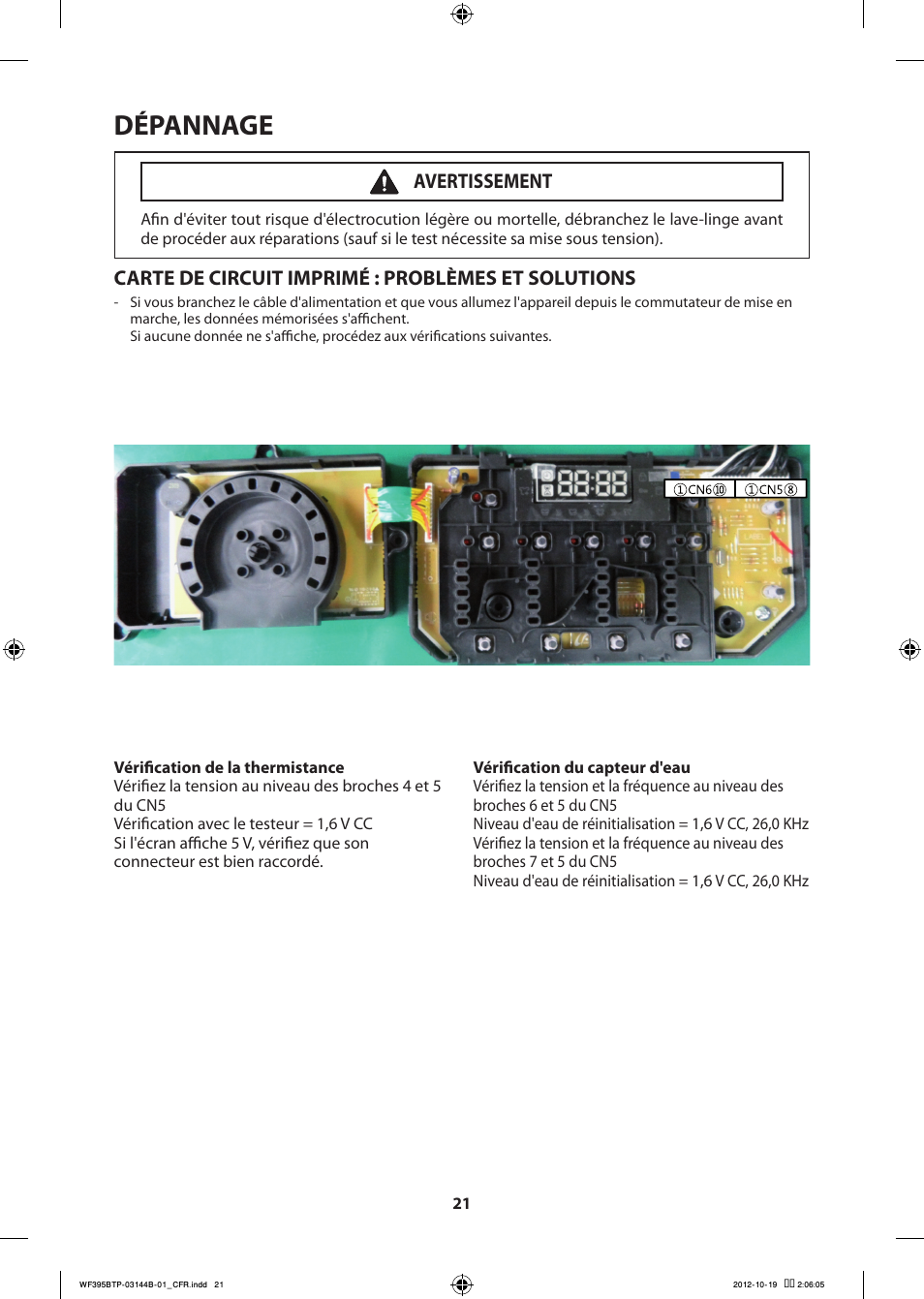 Dépannage, Carte de circuit imprimé : problèmes et solutions, Avertissement | Samsung WF395BTPARA-A2 User Manual | Page 45 / 72