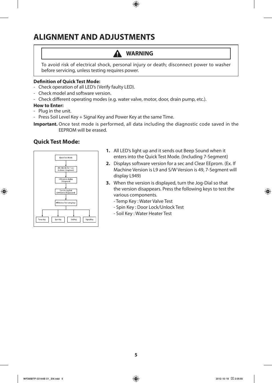 Alignment and adjustments, Quick test mode, Warning | Samsung WF395BTPARA-A2 User Manual | Page 5 / 72