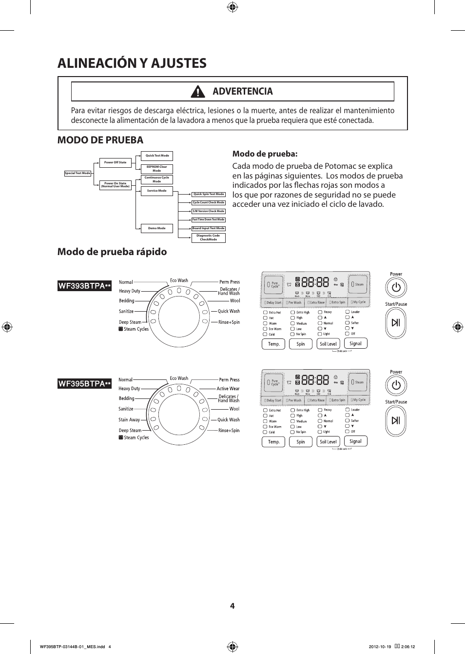 Alineación y ajustes, Modo de prueba, Modo de prueba rápido | Advertencia | Samsung WF395BTPARA-A2 User Manual | Page 52 / 72