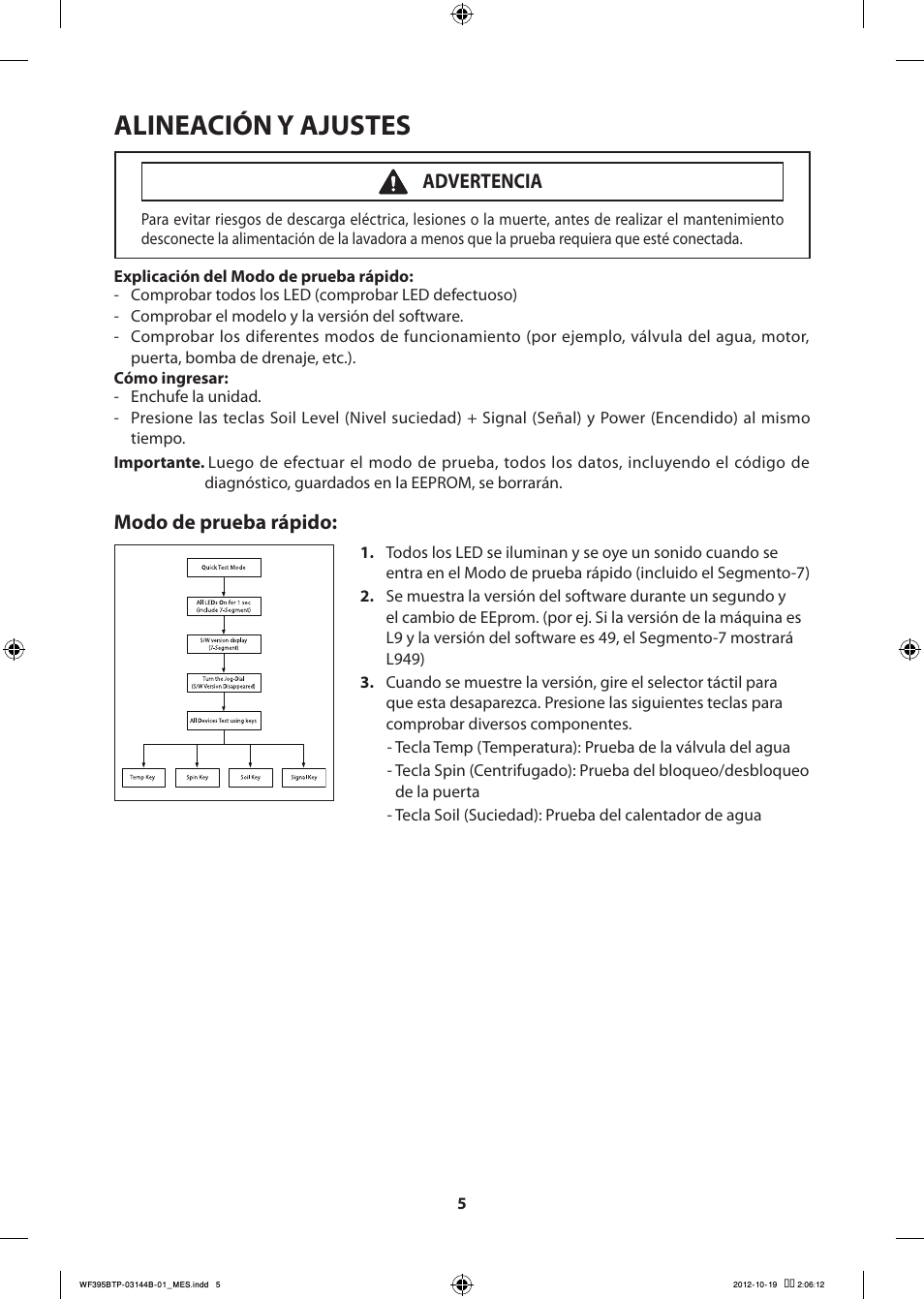 Alineación y ajustes, Modo de prueba rápido, Advertencia | Samsung WF395BTPARA-A2 User Manual | Page 53 / 72