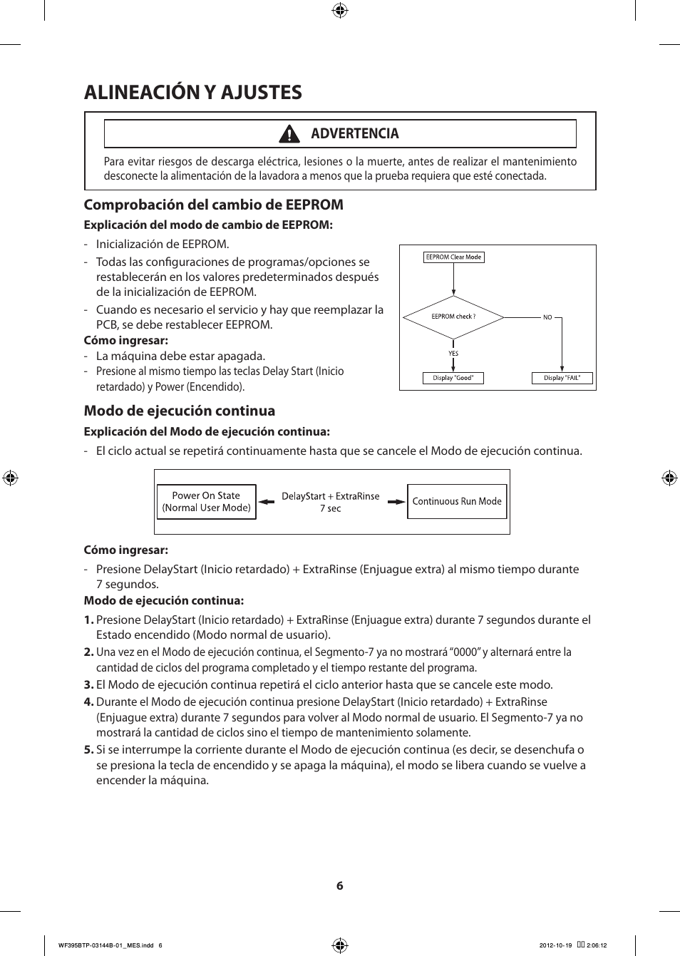 Alineación y ajustes, Comprobación del cambio de eeprom, Modo de ejecución continua | Advertencia | Samsung WF395BTPARA-A2 User Manual | Page 54 / 72