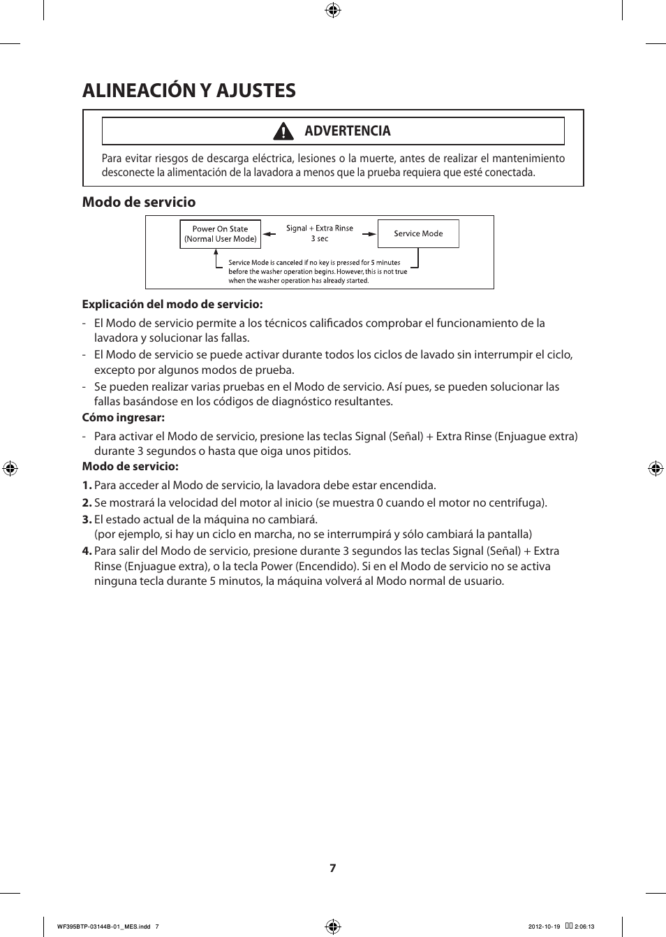 Alineación y ajustes, Modo de servicio, Advertencia | Samsung WF395BTPARA-A2 User Manual | Page 55 / 72
