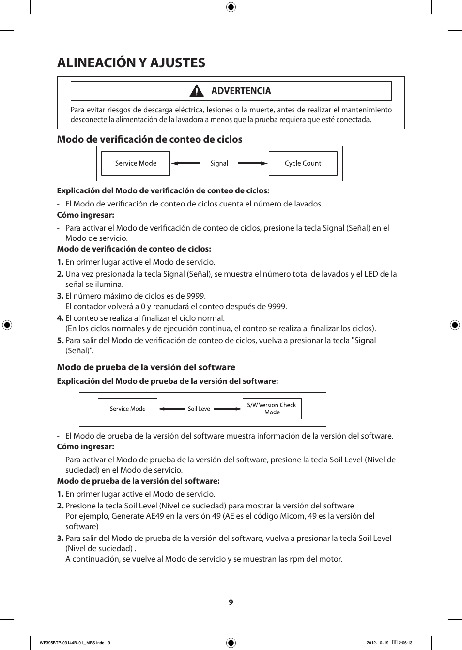 Alineación y ajustes, Modo de verificación de conteo de ciclos, Advertencia | Samsung WF395BTPARA-A2 User Manual | Page 57 / 72