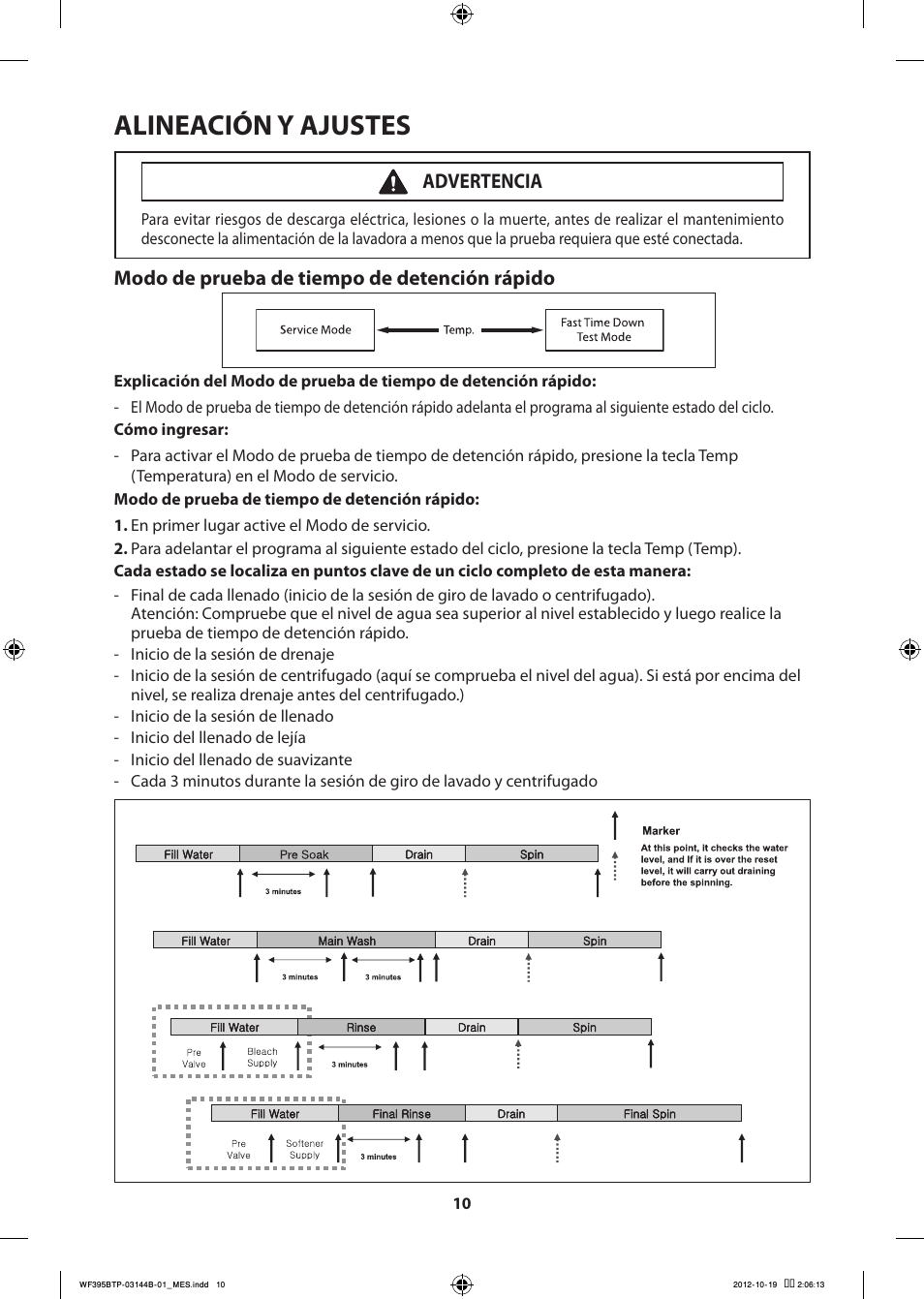 Alineación y ajustes, Modo de prueba de tiempo de detención rápido, Advertencia | Samsung WF395BTPARA-A2 User Manual | Page 58 / 72