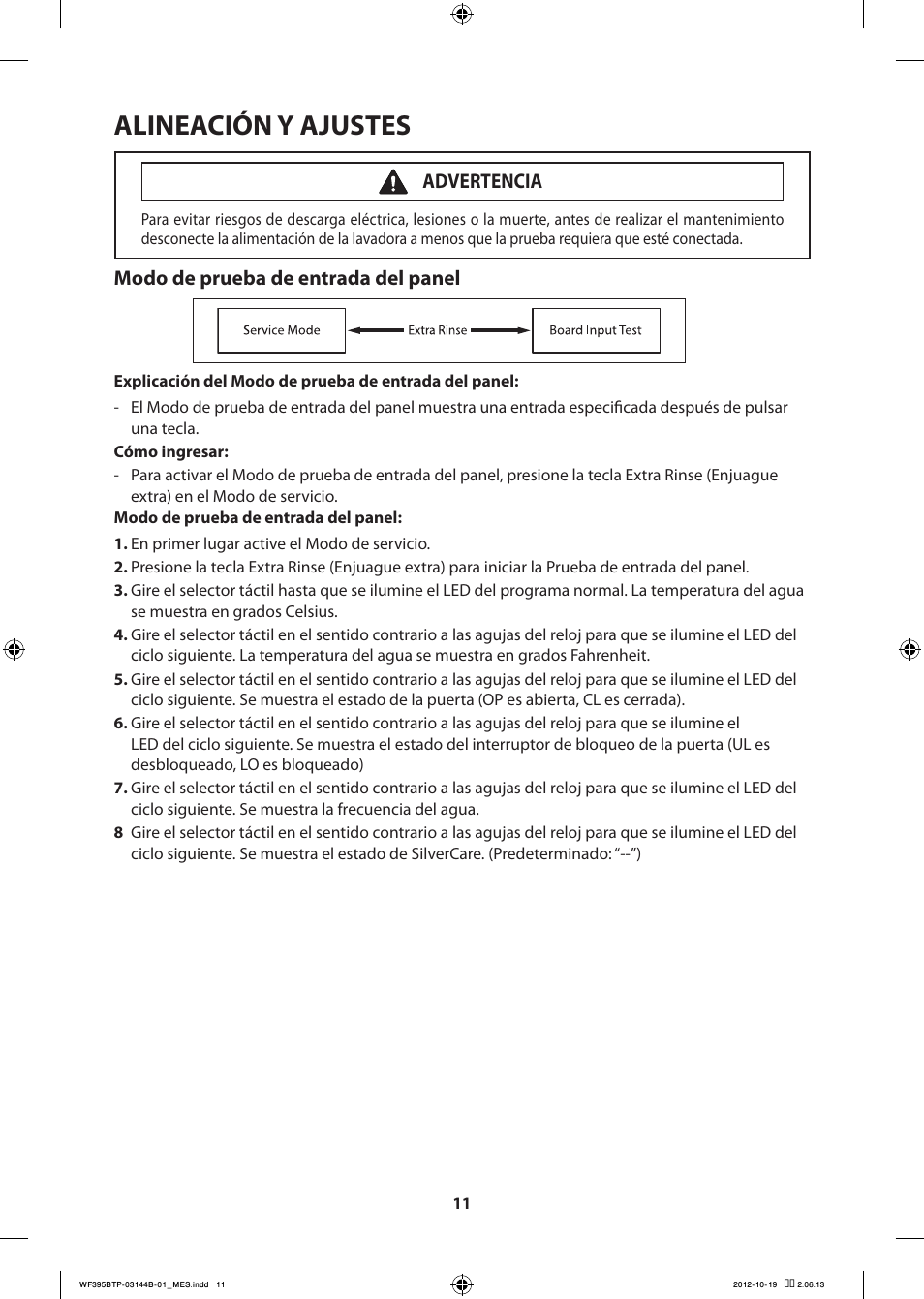 Alineación y ajustes, Modo de prueba de entrada del panel, Advertencia | Samsung WF395BTPARA-A2 User Manual | Page 59 / 72