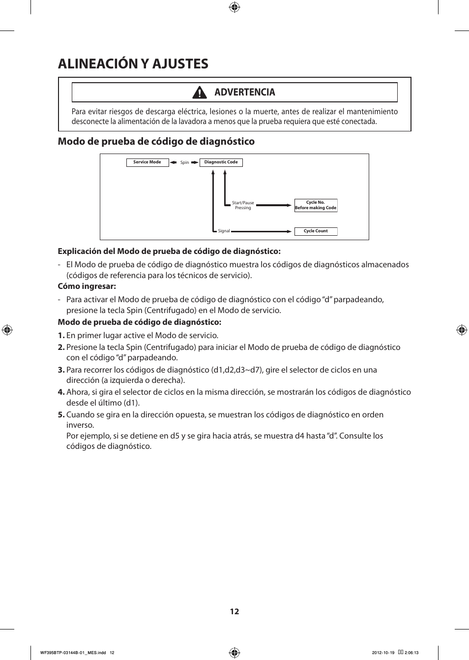 Alineación y ajustes, Modo de prueba de código de diagnóstico, Advertencia | Samsung WF395BTPARA-A2 User Manual | Page 60 / 72