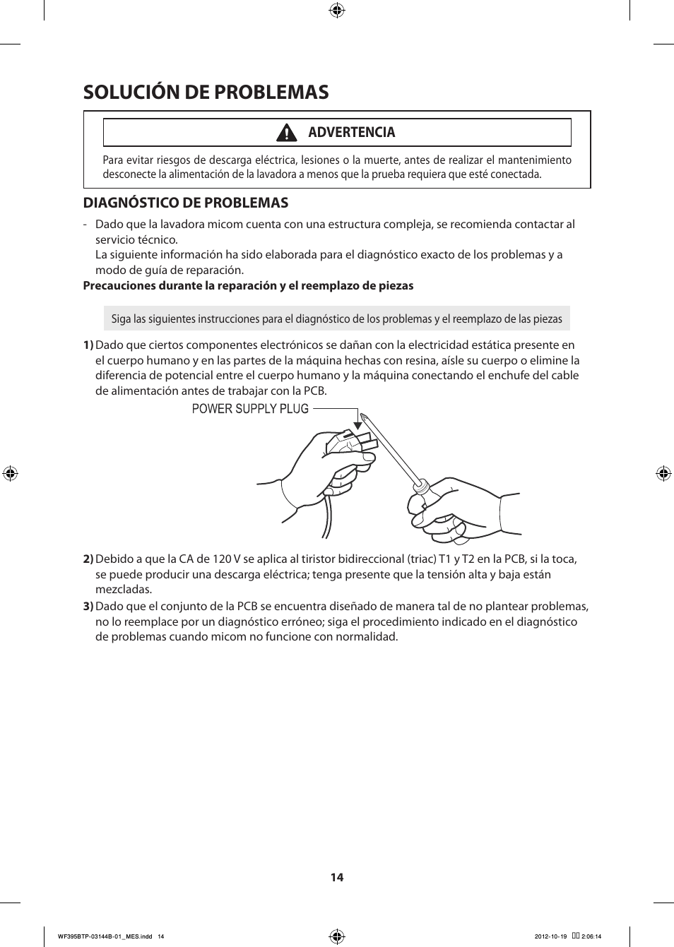 Solución de problemas, Diagnóstico de problemas, Advertencia | Samsung WF395BTPARA-A2 User Manual | Page 62 / 72