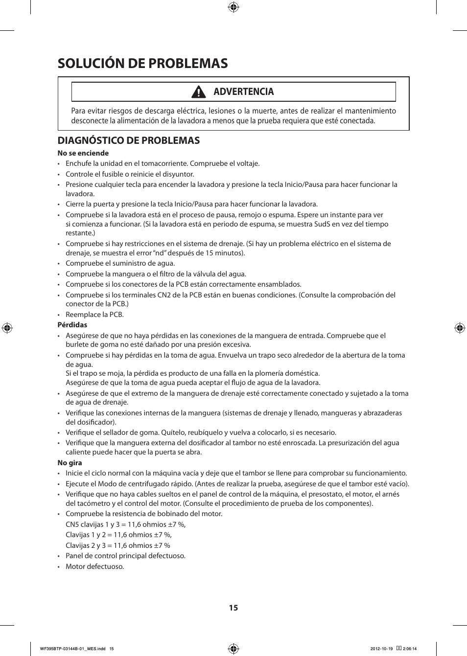 Solución de problemas, Diagnóstico de problemas, Advertencia | Samsung WF395BTPARA-A2 User Manual | Page 63 / 72