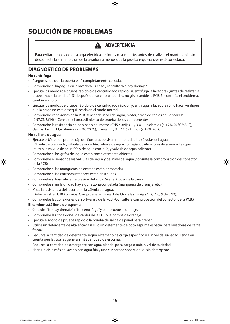 Solución de problemas, Diagnóstico de problemas, Advertencia | Samsung WF395BTPARA-A2 User Manual | Page 64 / 72