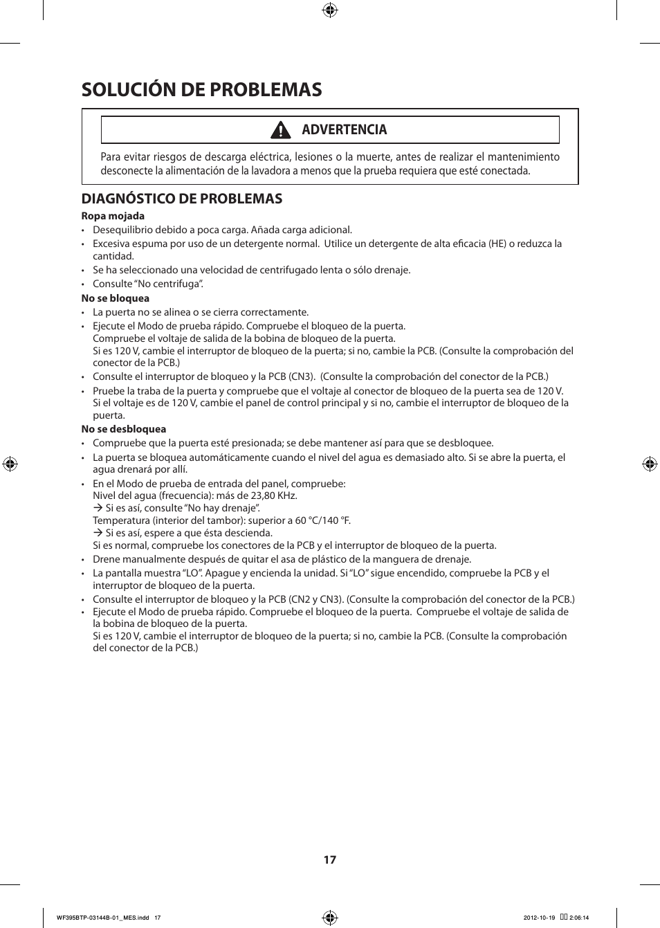 Solución de problemas, Diagnóstico de problemas, Advertencia | Samsung WF395BTPARA-A2 User Manual | Page 65 / 72