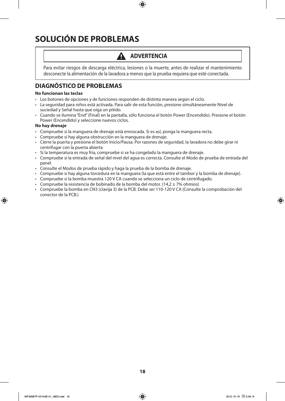Solución de problemas, Diagnóstico de problemas, Advertencia | Samsung WF395BTPARA-A2 User Manual | Page 66 / 72