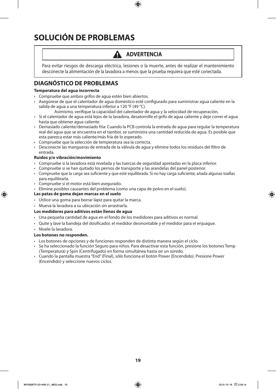 Solución de problemas, Diagnóstico de problemas, Advertencia | Samsung WF395BTPARA-A2 User Manual | Page 67 / 72