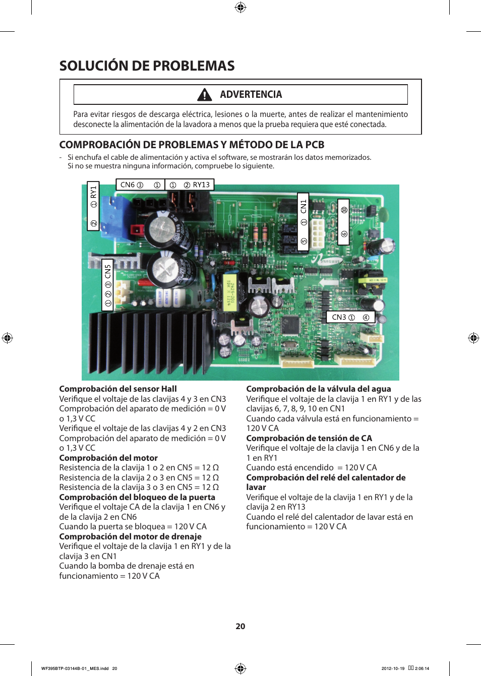 Solución de problemas, Comprobación de problemas y método de la pcb, Advertencia | Samsung WF395BTPARA-A2 User Manual | Page 68 / 72