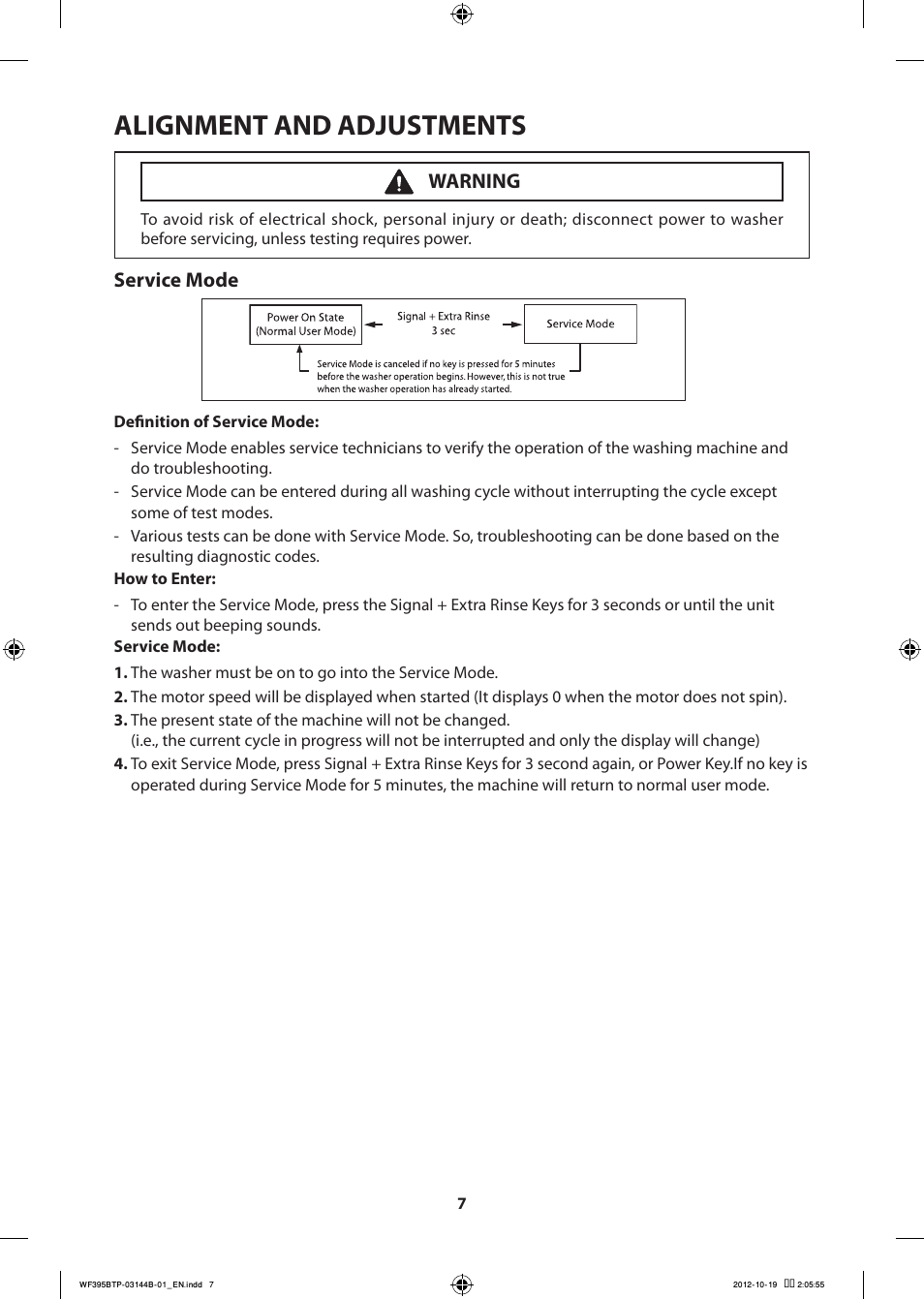Alignment and adjustments, Service mode, Warning | Samsung WF395BTPARA-A2 User Manual | Page 7 / 72