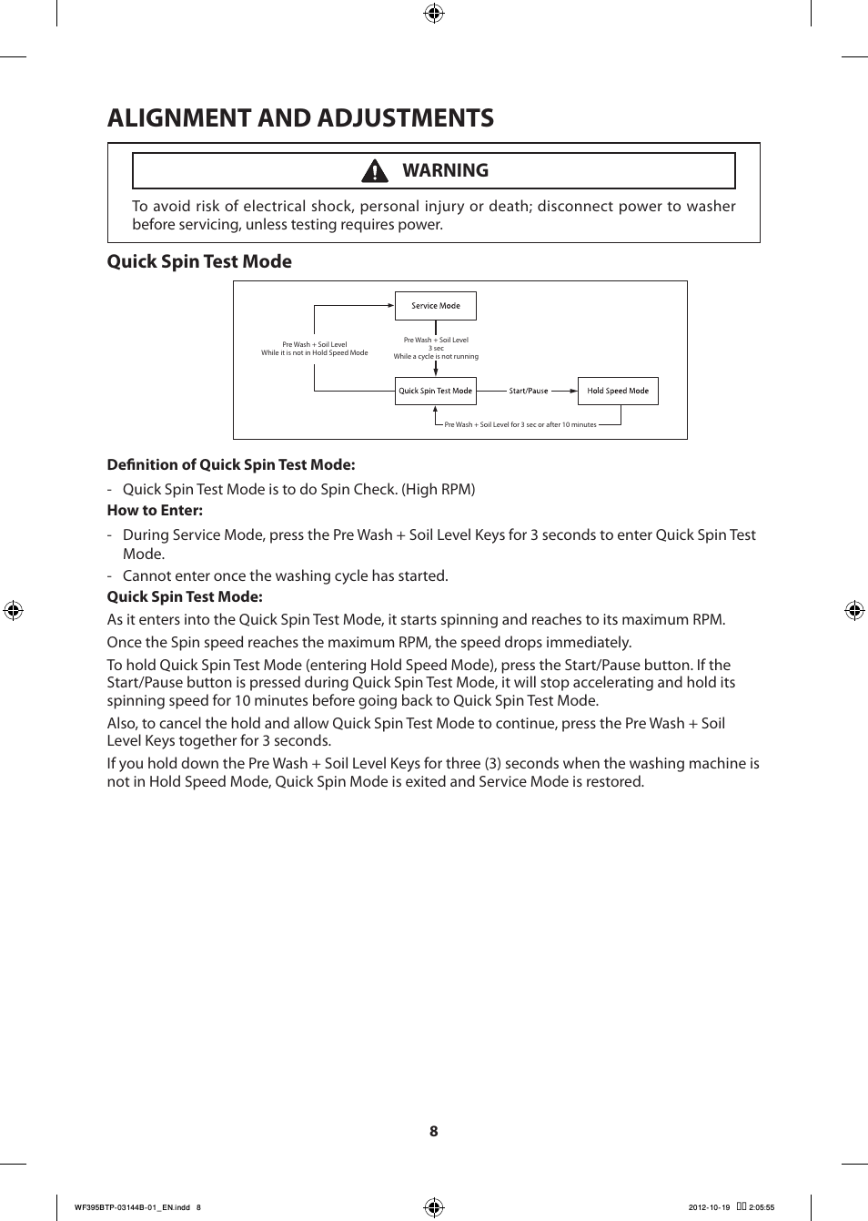 Alignment and adjustments, Quick spin test mode, Warning | Samsung WF395BTPARA-A2 User Manual | Page 8 / 72