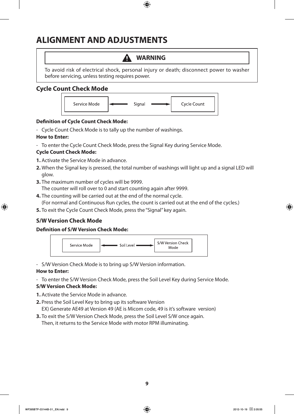 Alignment and adjustments, Cycle count check mode, Warning | Samsung WF395BTPARA-A2 User Manual | Page 9 / 72