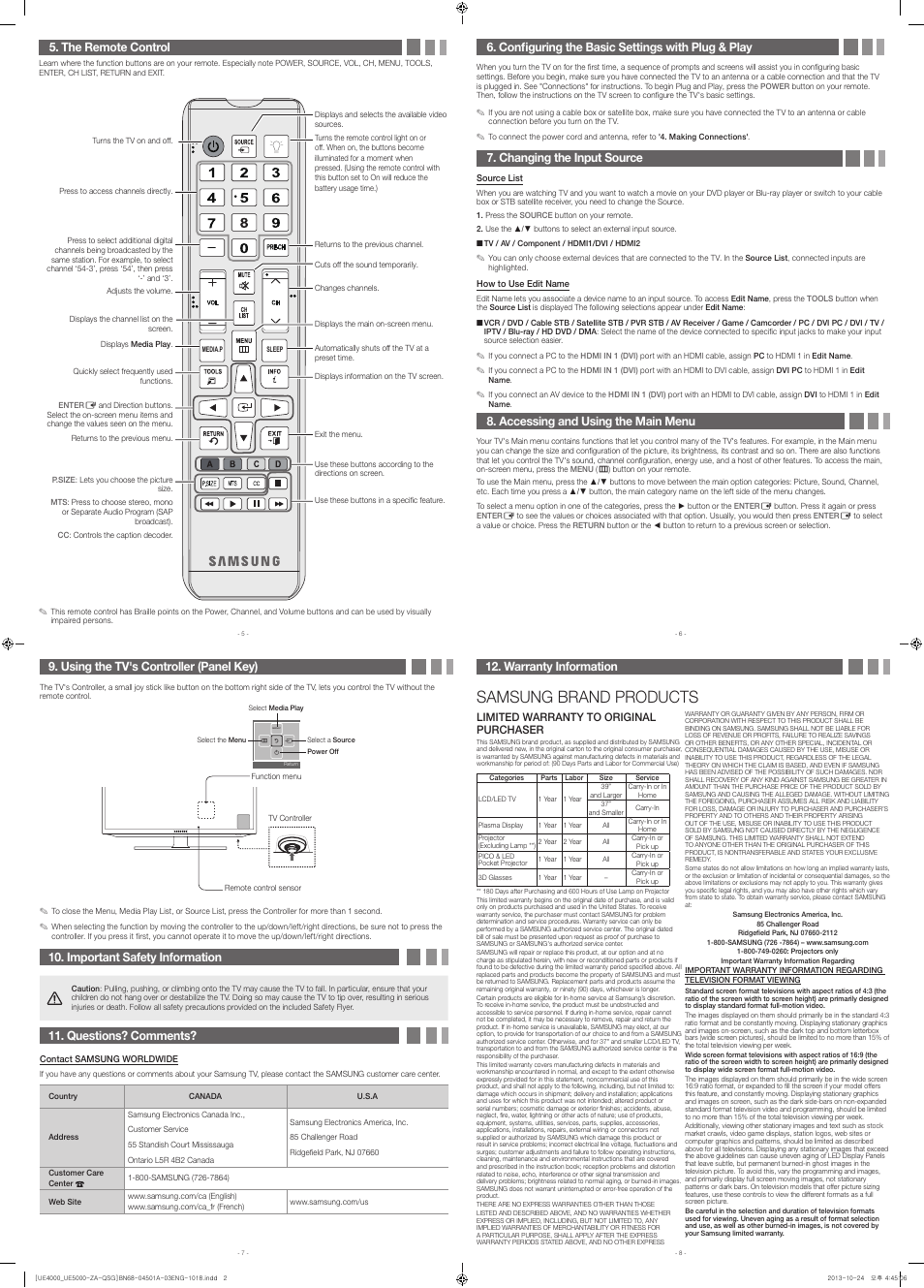 Samsung brand products, Using the tv's controller (panel key), Important safety information | Questions? comments, Configuring the basic settings with plug & play, Changing the input source, Accessing and using the main menu, The remote control, Warranty information, Limited warranty to original purchaser | Samsung UN32EH4000FXZA User Manual | Page 2 / 2