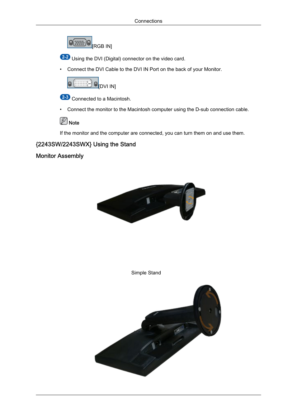 2243sw/2243swx} using the stand, Monitor assembly | Samsung LS22MYZKFV-XAA User Manual | Page 11 / 25