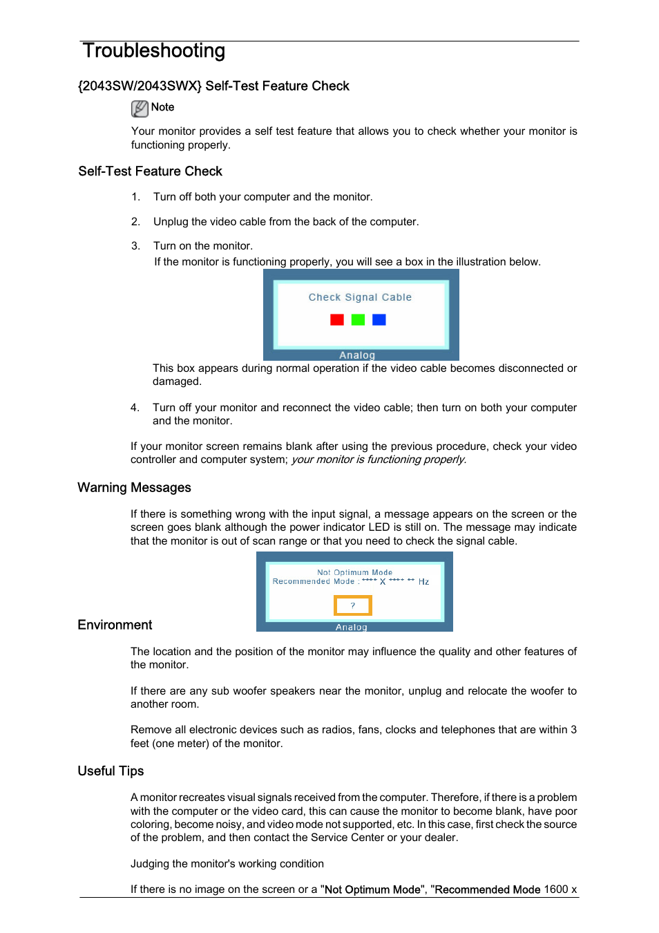 Warning messages, Environment, Useful tips | Troubleshooting | Samsung LS22MYZKFV-XAA User Manual | Page 14 / 25