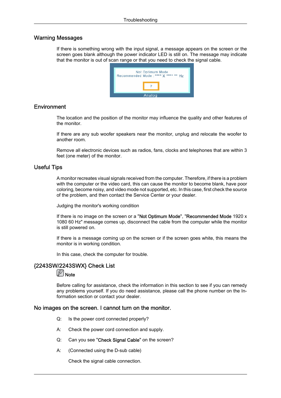 Warning messages, Environment, Useful tips | 2243sw/2243swx} check list | Samsung LS22MYZKFV-XAA User Manual | Page 20 / 25