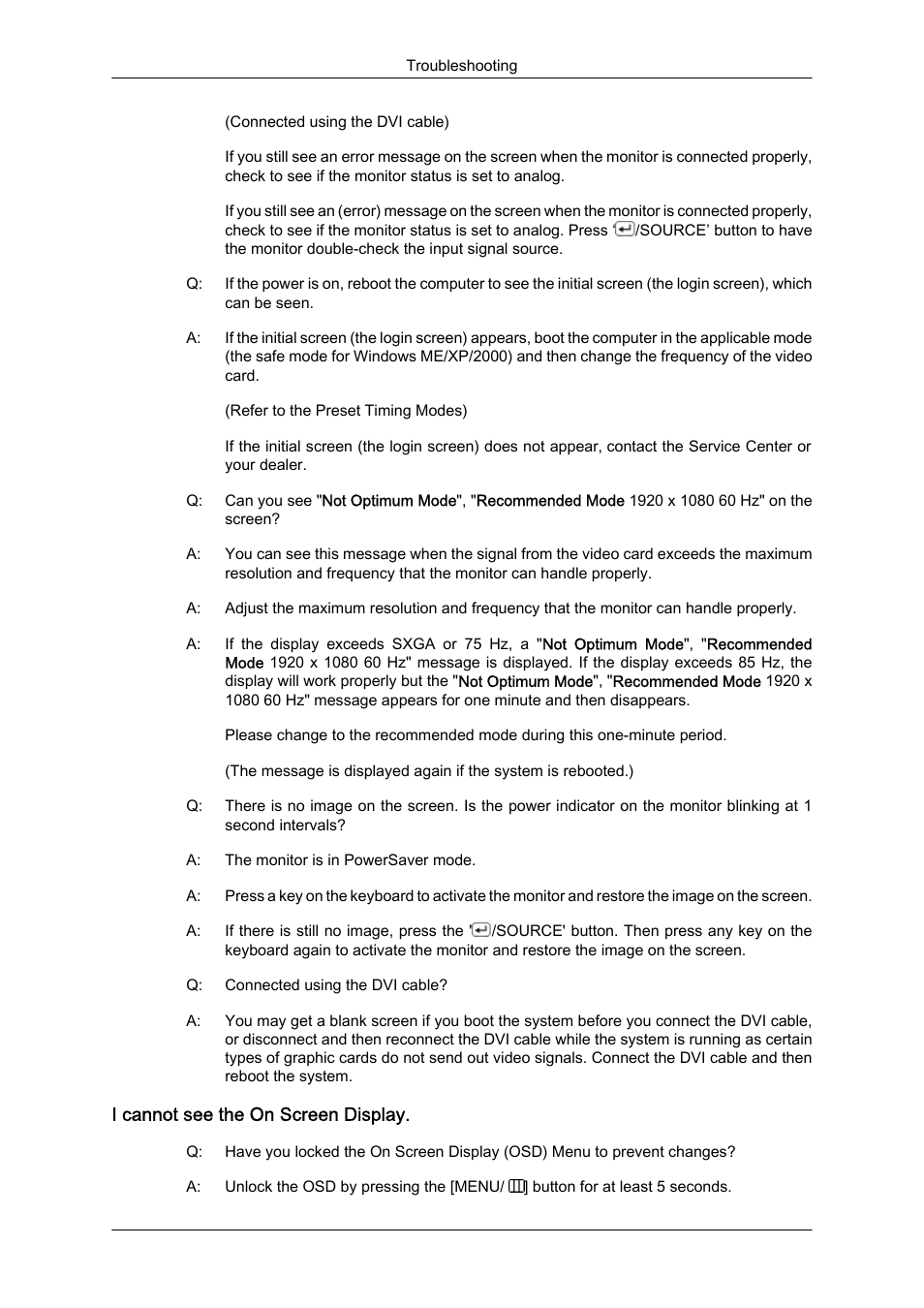 I cannot see the on screen display | Samsung LS22MYZKFV-XAA User Manual | Page 21 / 25