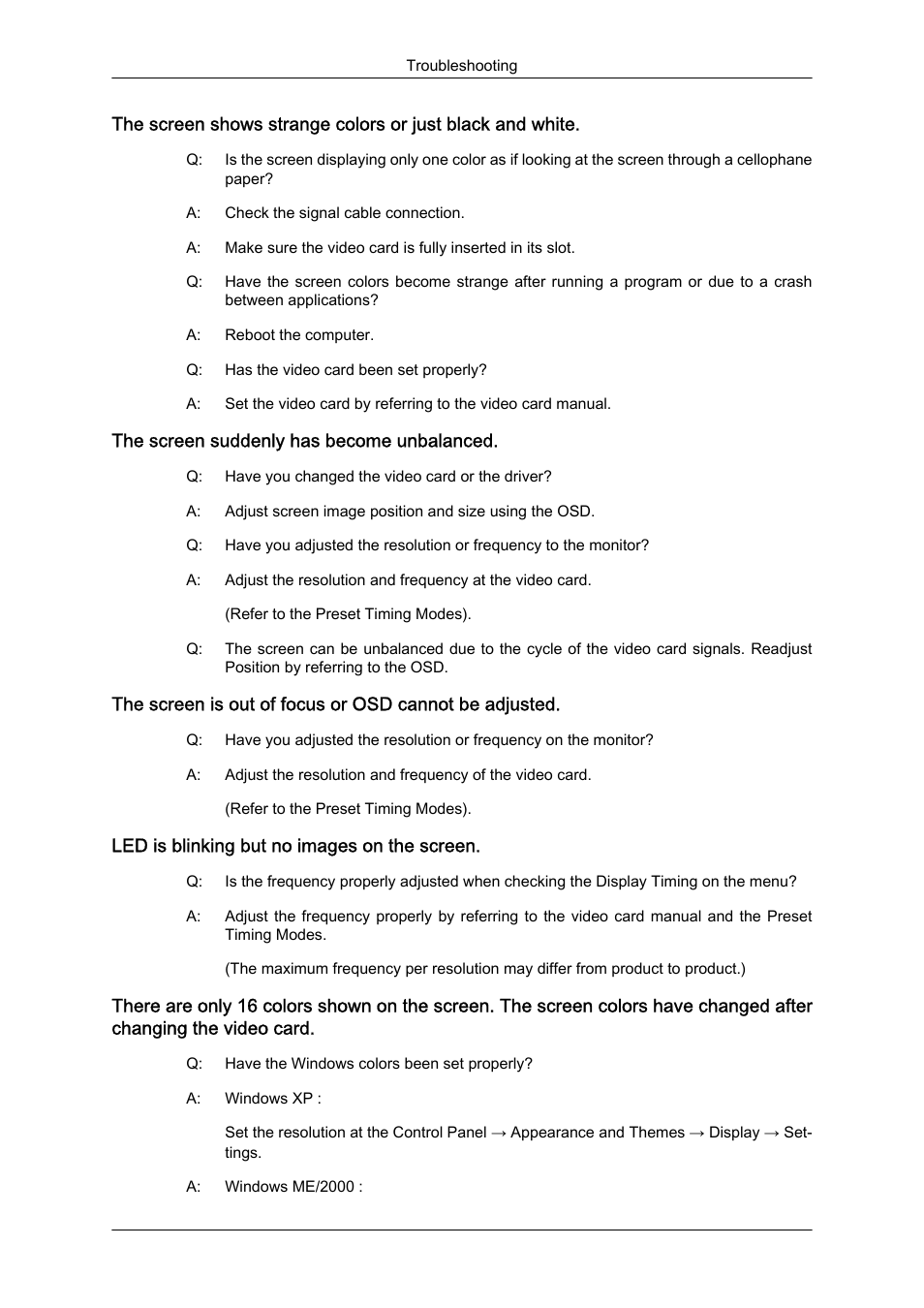 The screen suddenly has become unbalanced, Led is blinking but no images on the screen | Samsung LS22MYZKFV-XAA User Manual | Page 22 / 25