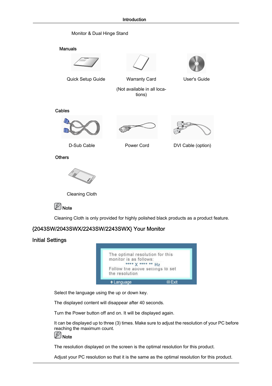 2043sw/2043swx/2243sw/2243swx} your monitor, Initial settings | Samsung LS22MYZKFV-XAA User Manual | Page 3 / 25