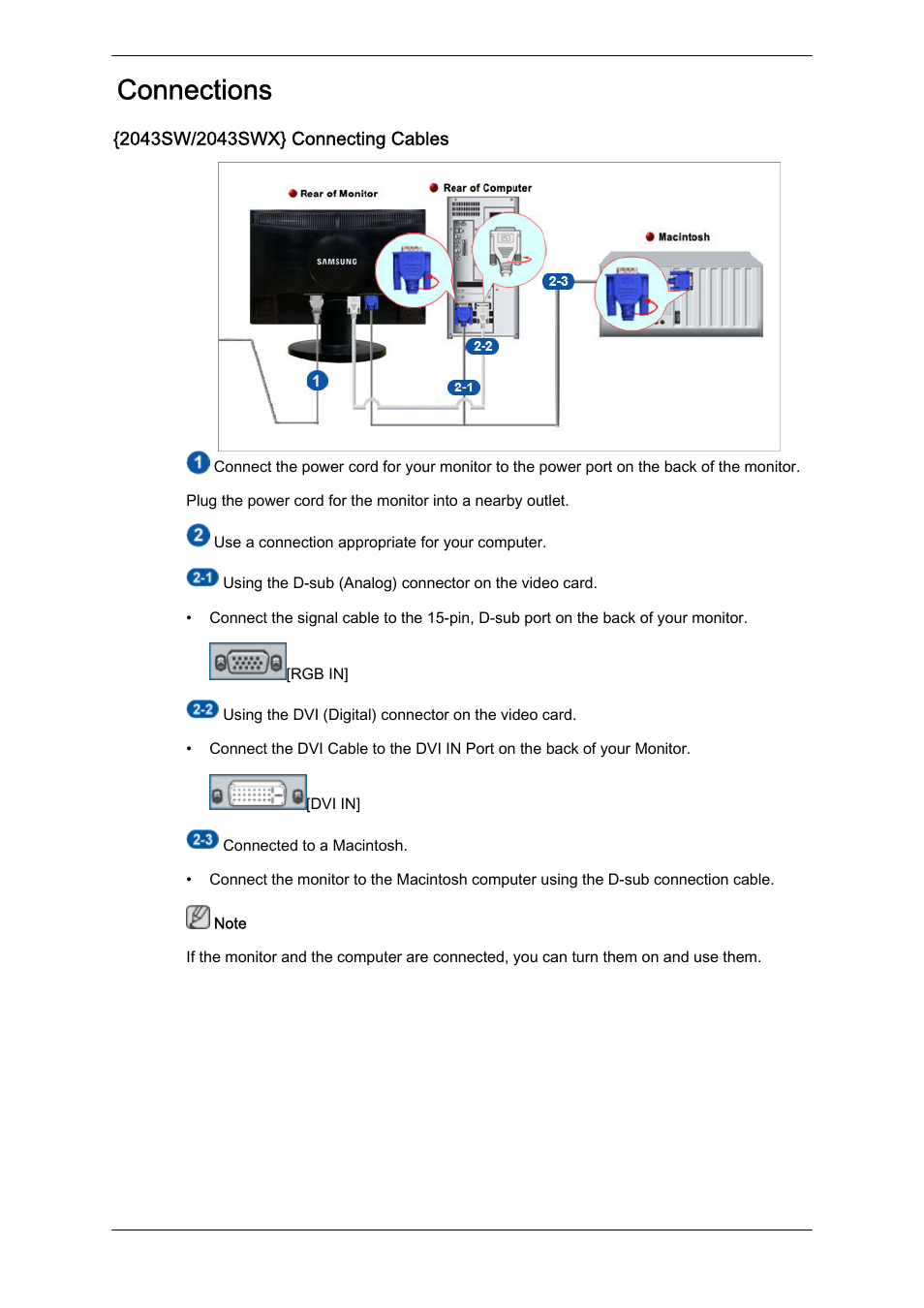 2043sw/2043swx} connecting cables, Connections | Samsung LS22MYZKFV-XAA User Manual | Page 7 / 25