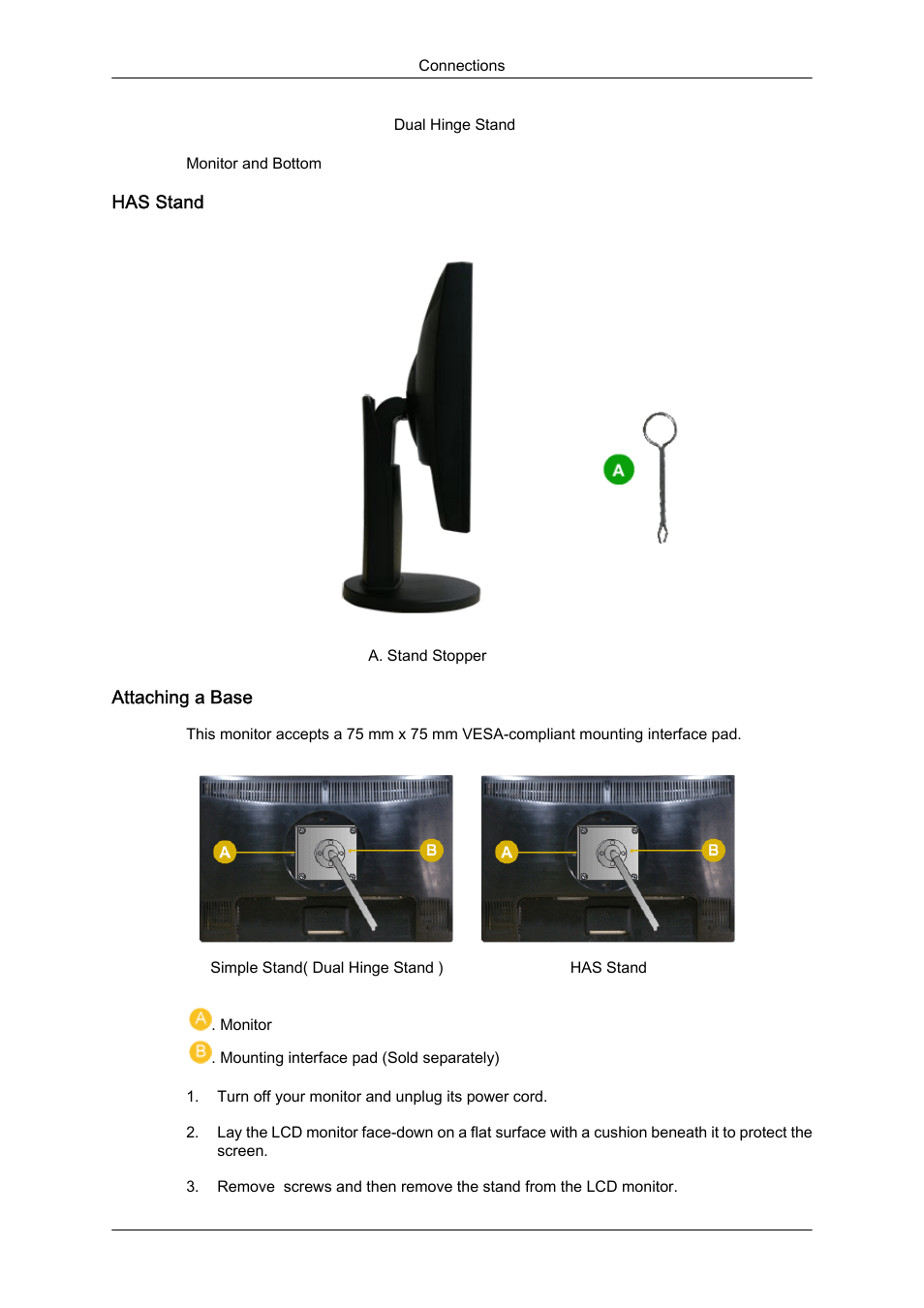 Has stand, Attaching a base | Samsung LS22MYZKFV-XAA User Manual | Page 9 / 25