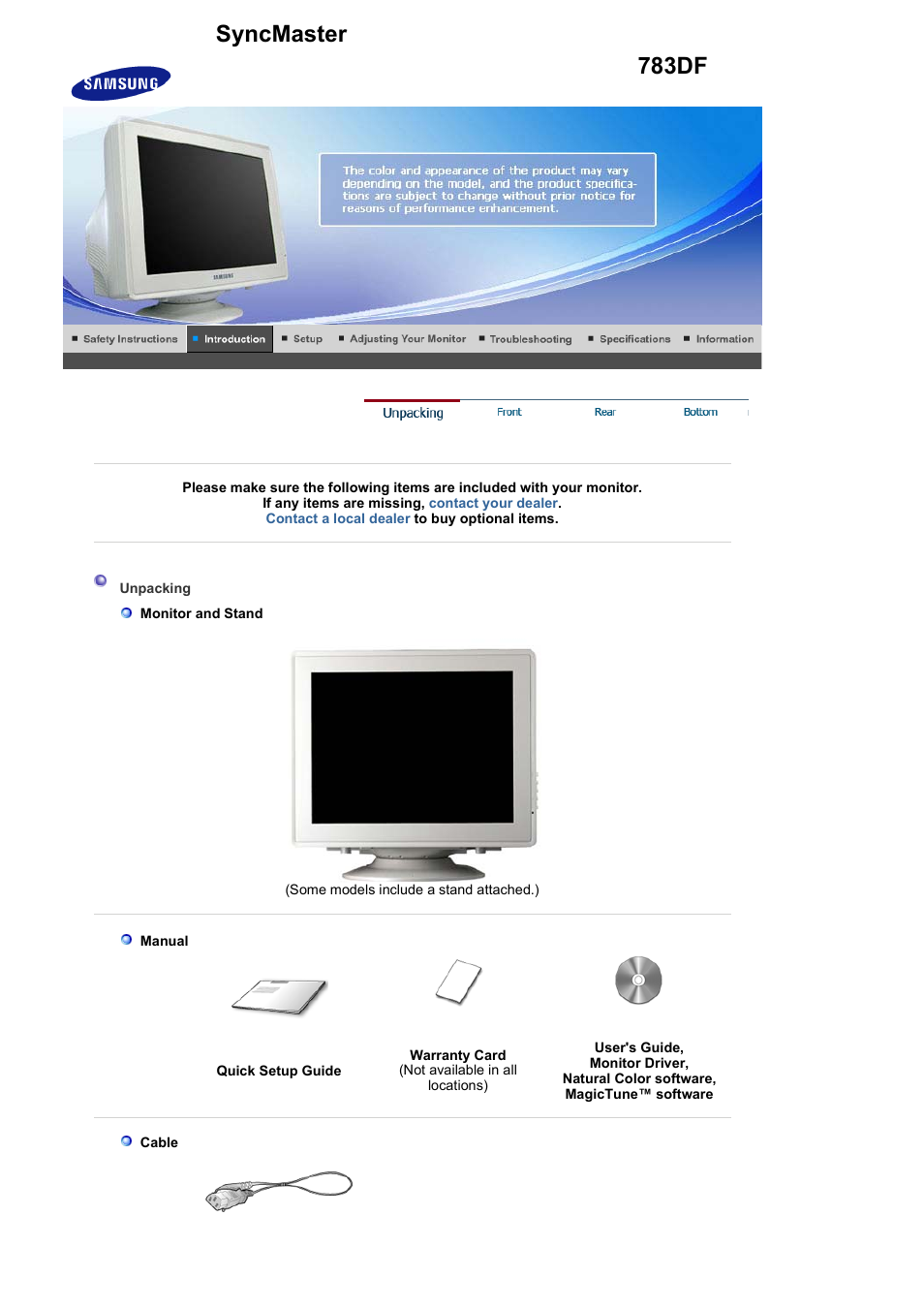 Introduction, Unpacking | Samsung LB15VSPNK-XBM User Manual | Page 10 / 82