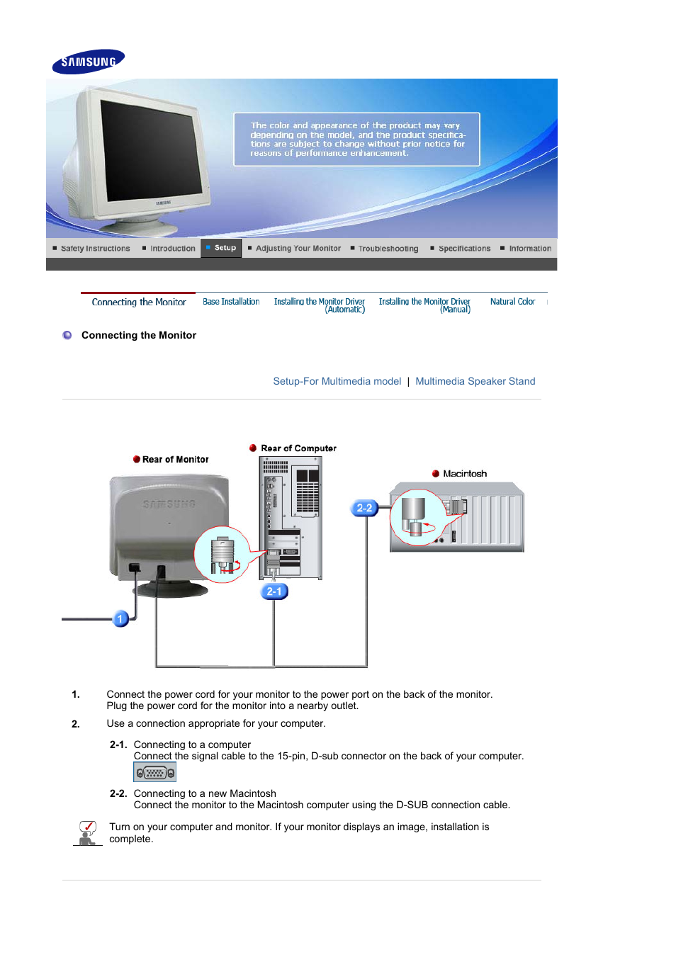 Setup, Connecting the monitor | Samsung LB15VSPNK-XBM User Manual | Page 18 / 82