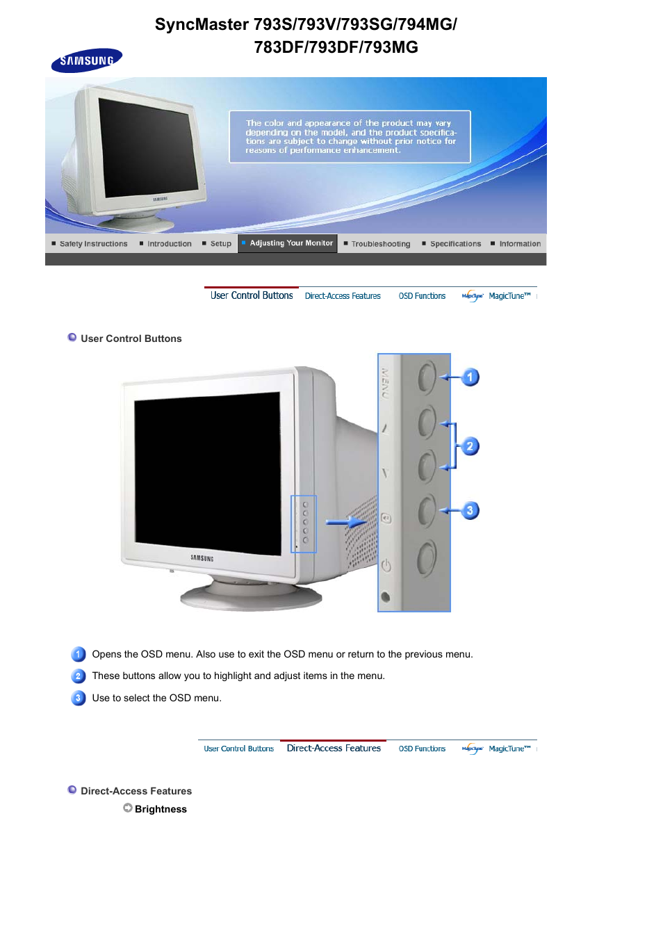 Syncmaster 793s/793v/793sg/794mg/783df/793df/793mg, User control buttons, Direct-access features | Samsung LB15VSPNK-XBM User Manual | Page 38 / 82