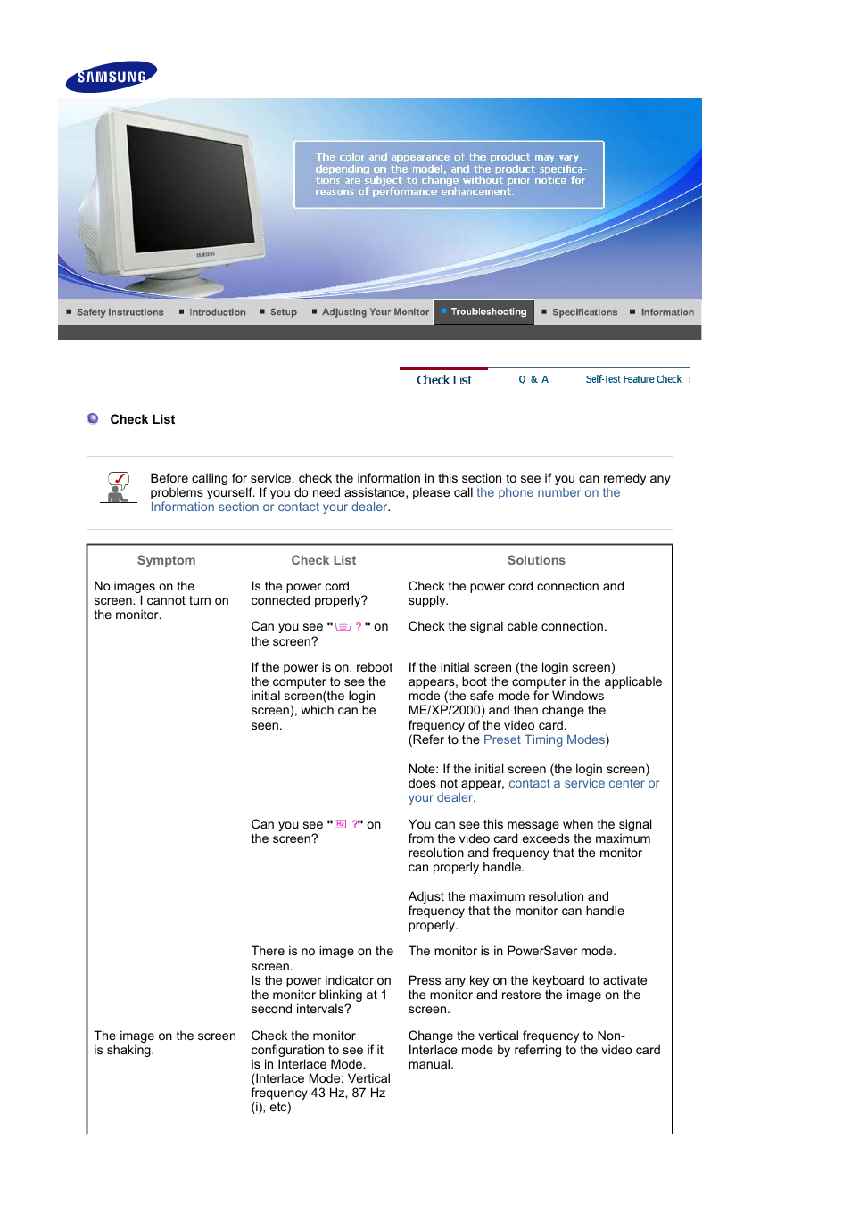 Troubleshooting, Check list | Samsung LB15VSPNK-XBM User Manual | Page 50 / 82