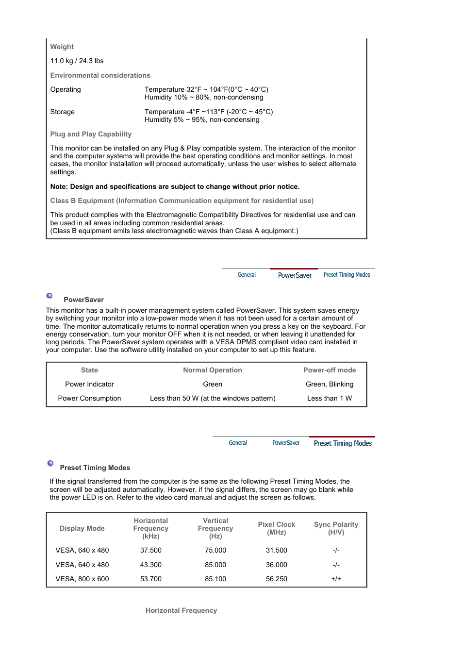 Powersaver, Preset timing modes | Samsung LB15VSPNK-XBM User Manual | Page 56 / 82