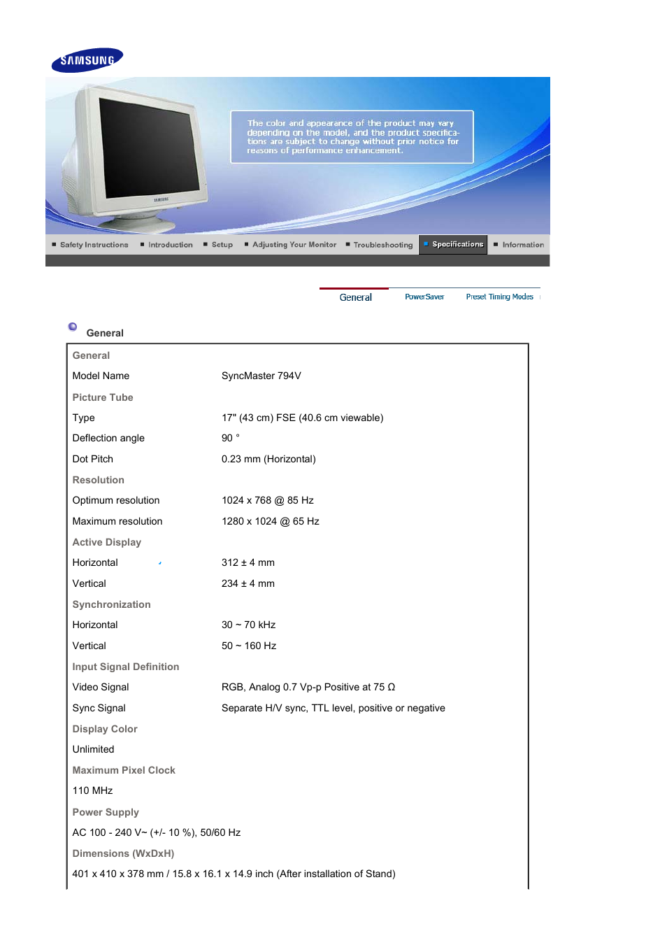 Syncmaster 794v, General | Samsung LB15VSPNK-XBM User Manual | Page 64 / 82