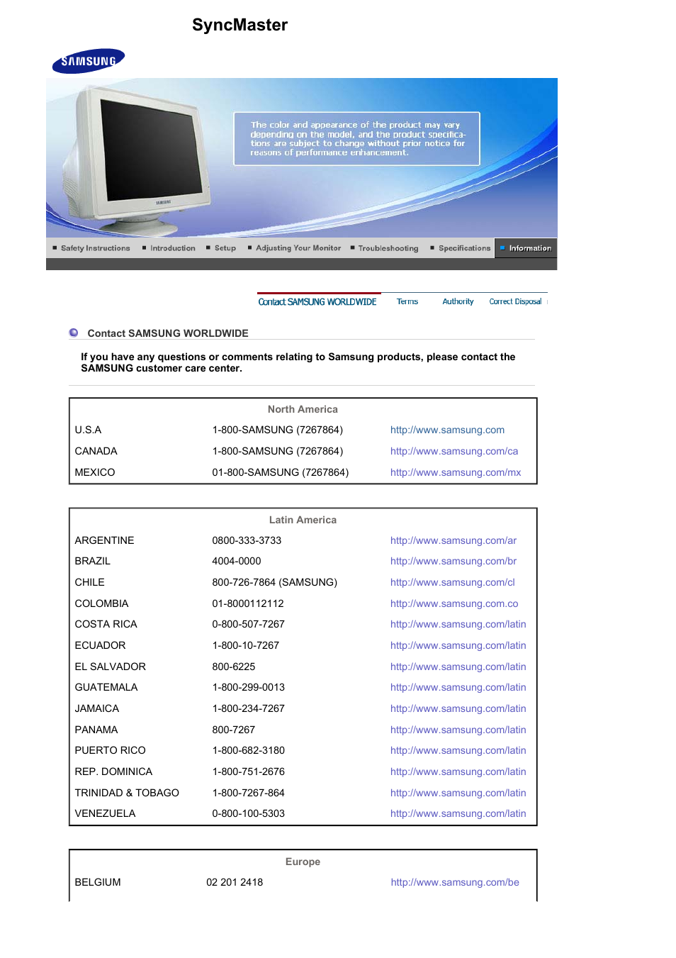 Syncmaster 591sg/594mg/794mg/788df plus, Contact samsung worldwide | Samsung LB15VSPNK-XBM User Manual | Page 74 / 82