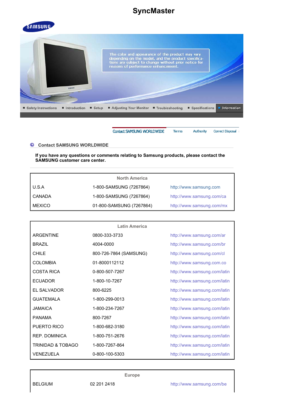 Syncmaster 793mg/788df plus, Contact samsung worldwide | Samsung LB15VSPNK-XBM User Manual | Page 78 / 82